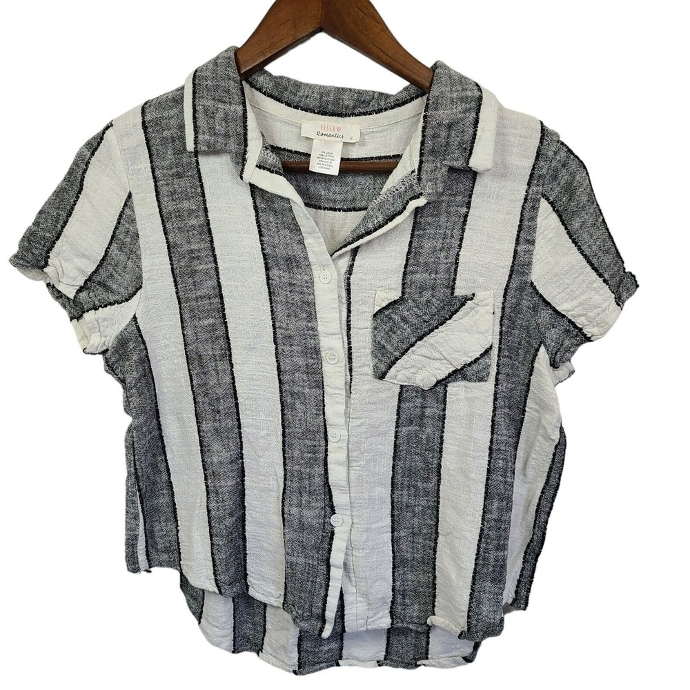 Urban Romantics Striped Short Sleeve Button Front Crop Top Juniors Large